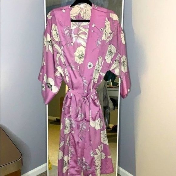 SATIN ROBE MIDI PURPLE FLORAL PRINT M/L